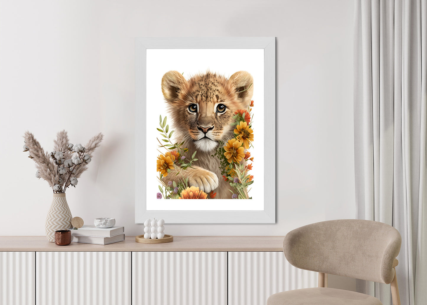 Poster Porträt Eines Löwenbabys In Blumen Rahmen Holz Mit Passepartout Farbe Natürlich