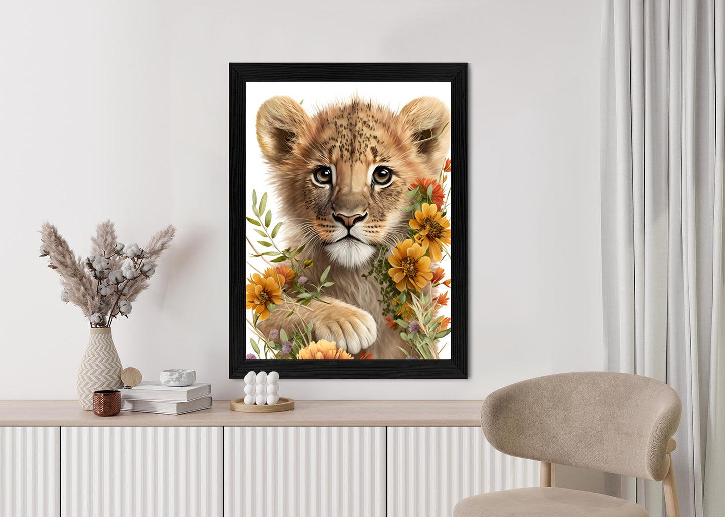 Poster Porträt Eines Löwenbabys In Blumen Rahmen Holz Mit Passepartout Farbe Natürlich
