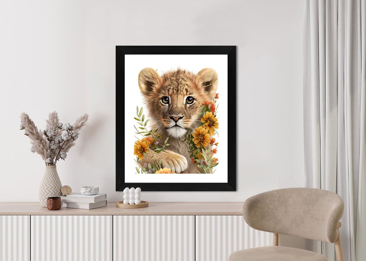 Poster Porträt Eines Löwenbabys In Blumen Rahmen Holz Mit Passepartout Farbe Natürlich