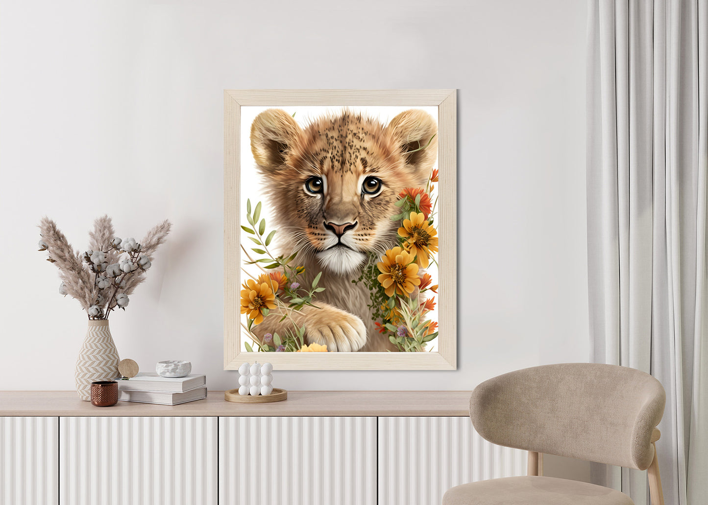 Poster Porträt Eines Löwenbabys In Blumen Rahmen Holz Mit Passepartout Farbe Natürlich