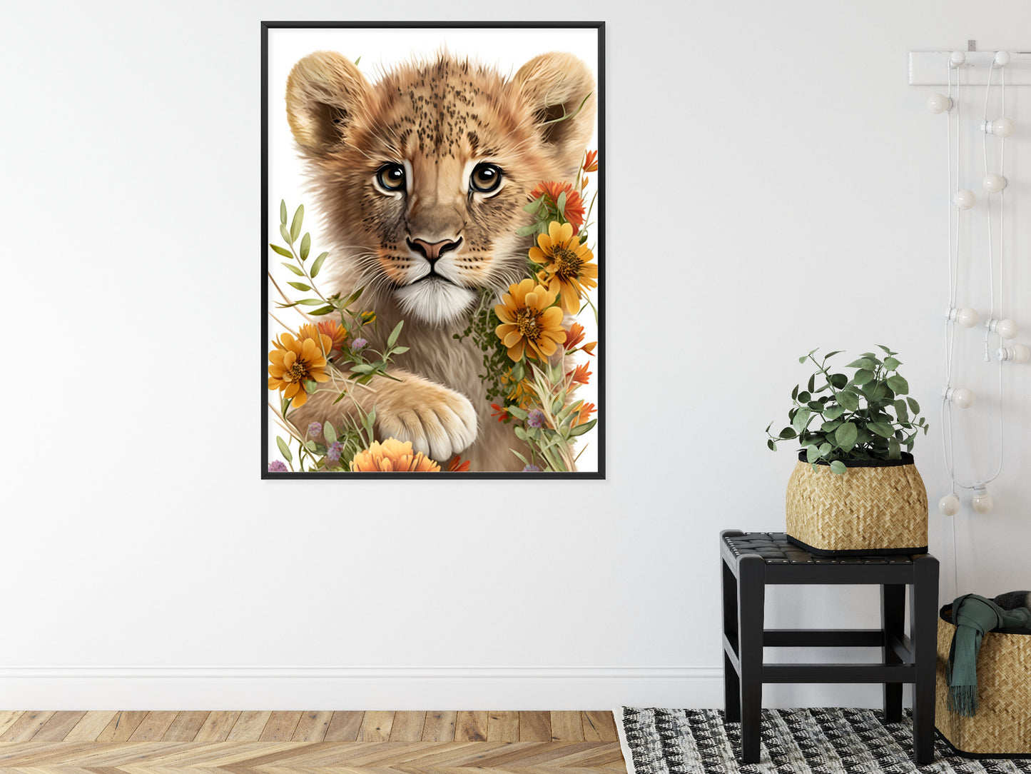 Poster Porträt Eines Löwenbabys In Blumen Rahmen Holz Mit Passepartout Farbe Natürlich