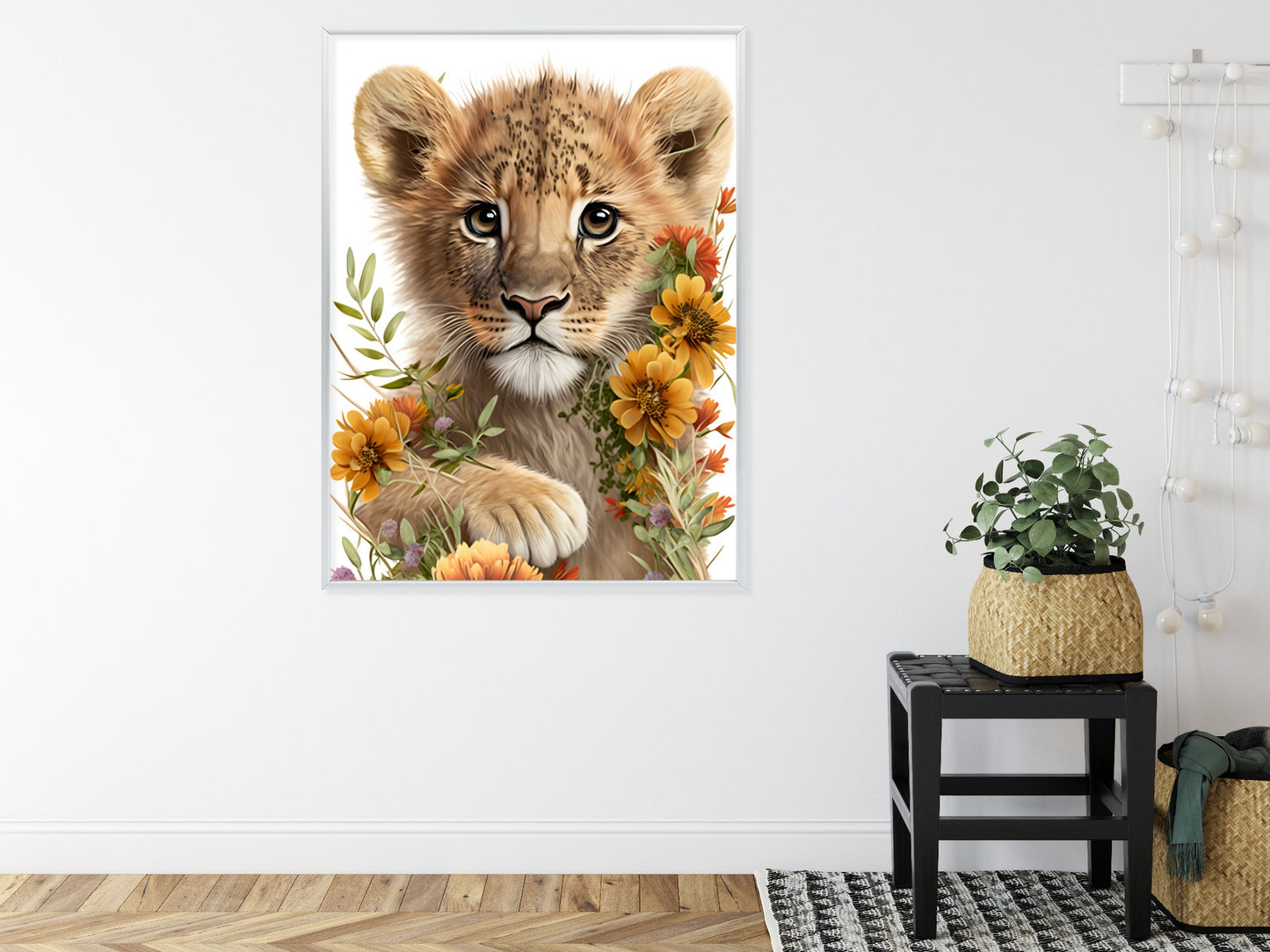 Poster Porträt Eines Löwenbabys In Blumen Rahmen Holz Mit Passepartout Farbe Natürlich