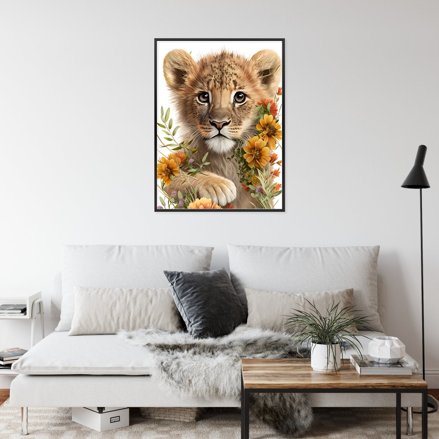 Poster Porträt Eines Löwenbabys In Blumen Rahmen Holz Mit Passepartout Farbe Natürlich