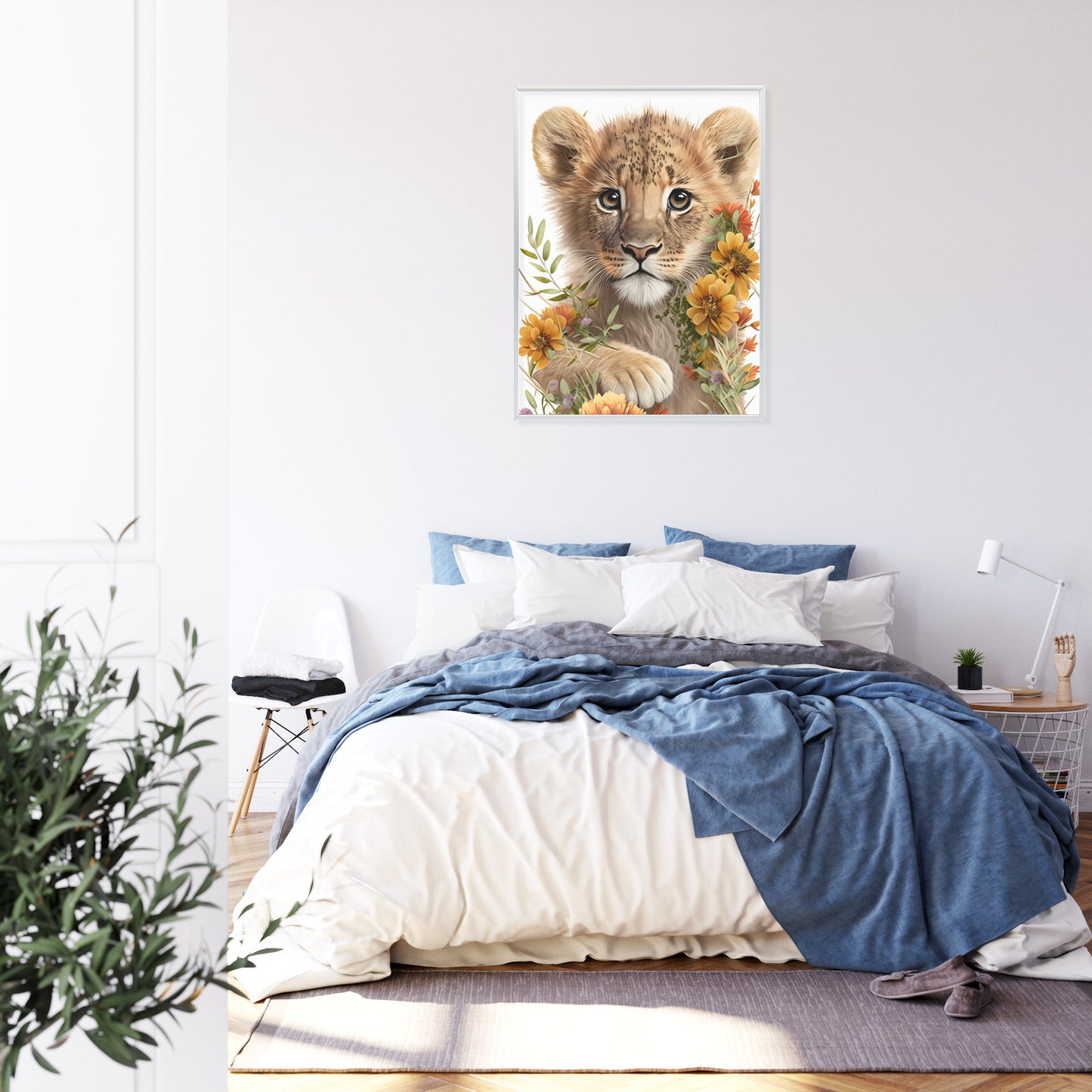 Poster Porträt Eines Löwenbabys In Blumen Rahmen Holz Mit Passepartout Farbe Natürlich