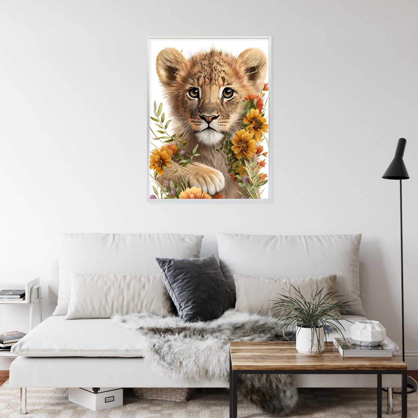 Poster Porträt Eines Löwenbabys In Blumen Rahmen Holz Mit Passepartout Farbe Natürlich