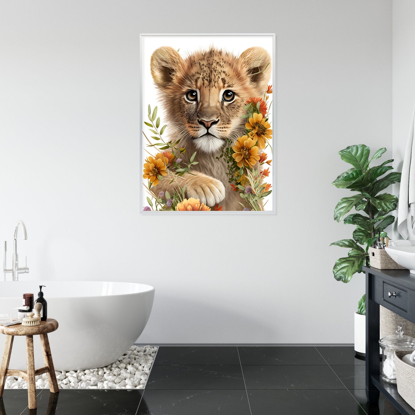 Poster Porträt Eines Löwenbabys In Blumen Rahmen Holz Mit Passepartout Farbe Natürlich