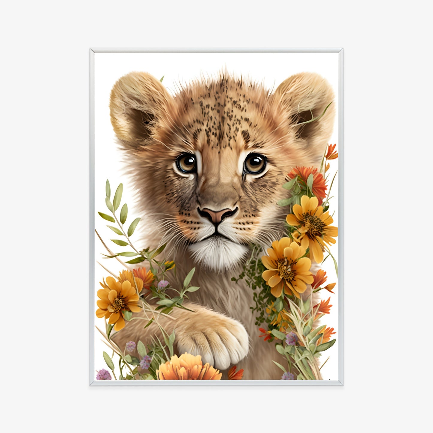 Poster Porträt Eines Löwenbabys In Blumen Rahmen Holz Mit Passepartout Farbe Natürlich