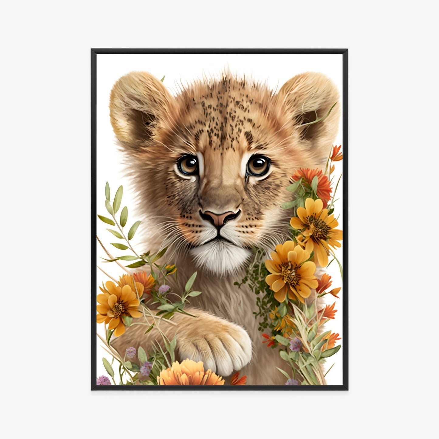 Poster Porträt Eines Löwenbabys In Blumen Rahmen Holz Mit Passepartout Farbe Natürlich
