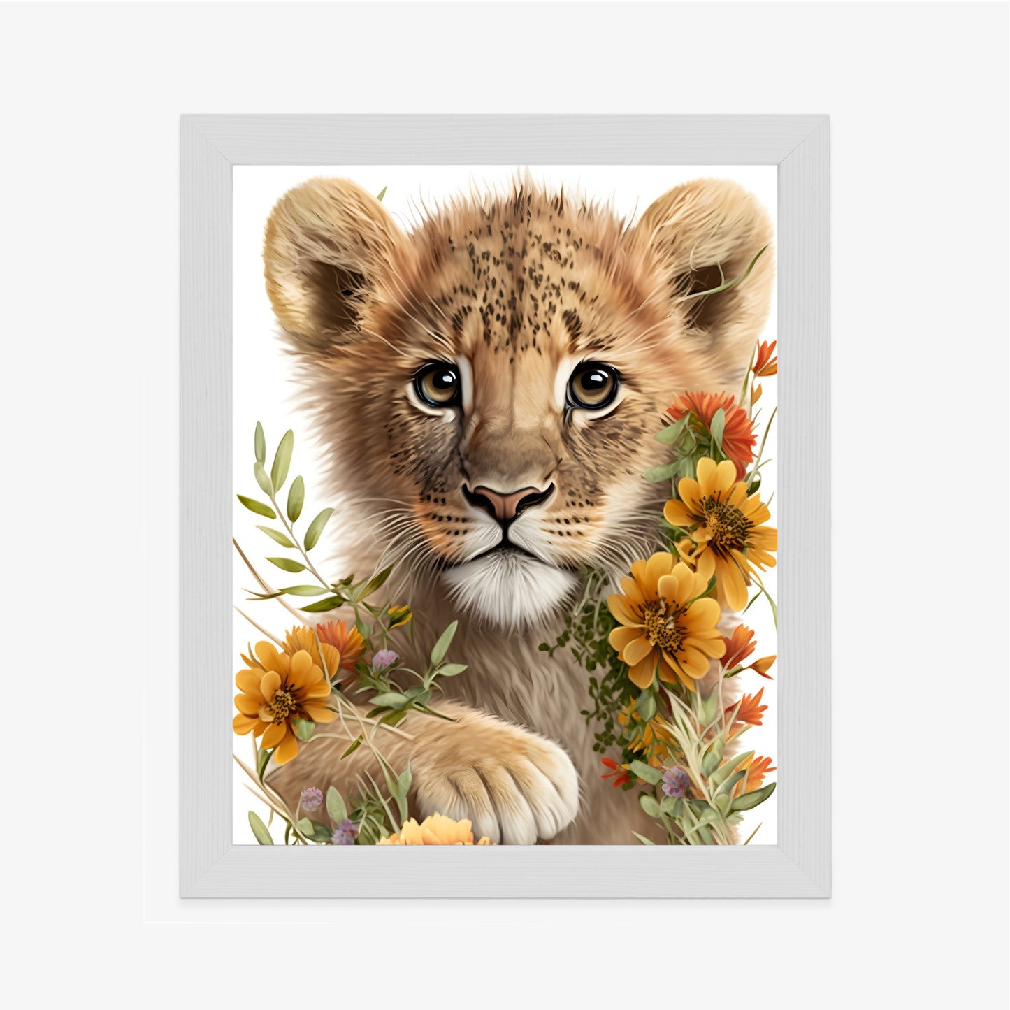 Poster Porträt Eines Löwenbabys In Blumen Rahmen Holz Mit Passepartout Farbe Natürlich