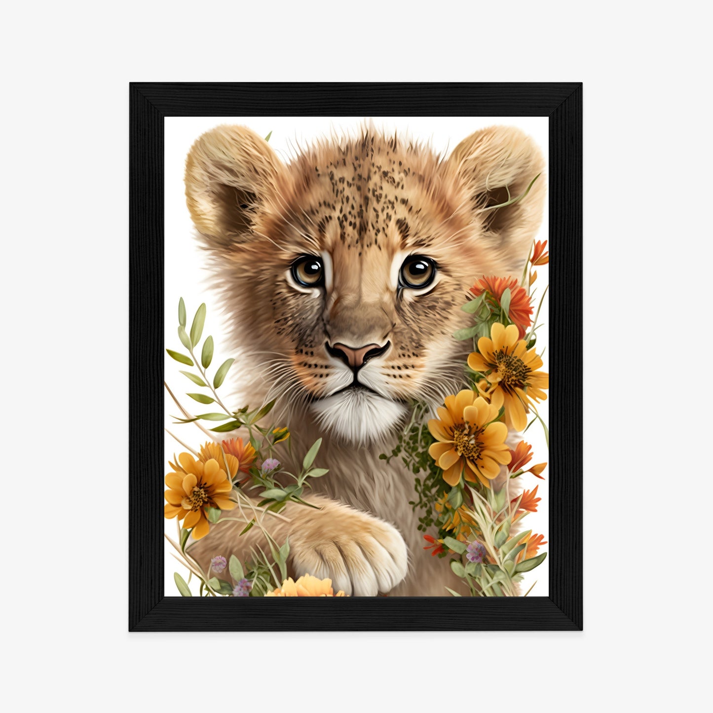 Poster Porträt Eines Löwenbabys In Blumen Rahmen Holz Mit Passepartout Farbe Natürlich