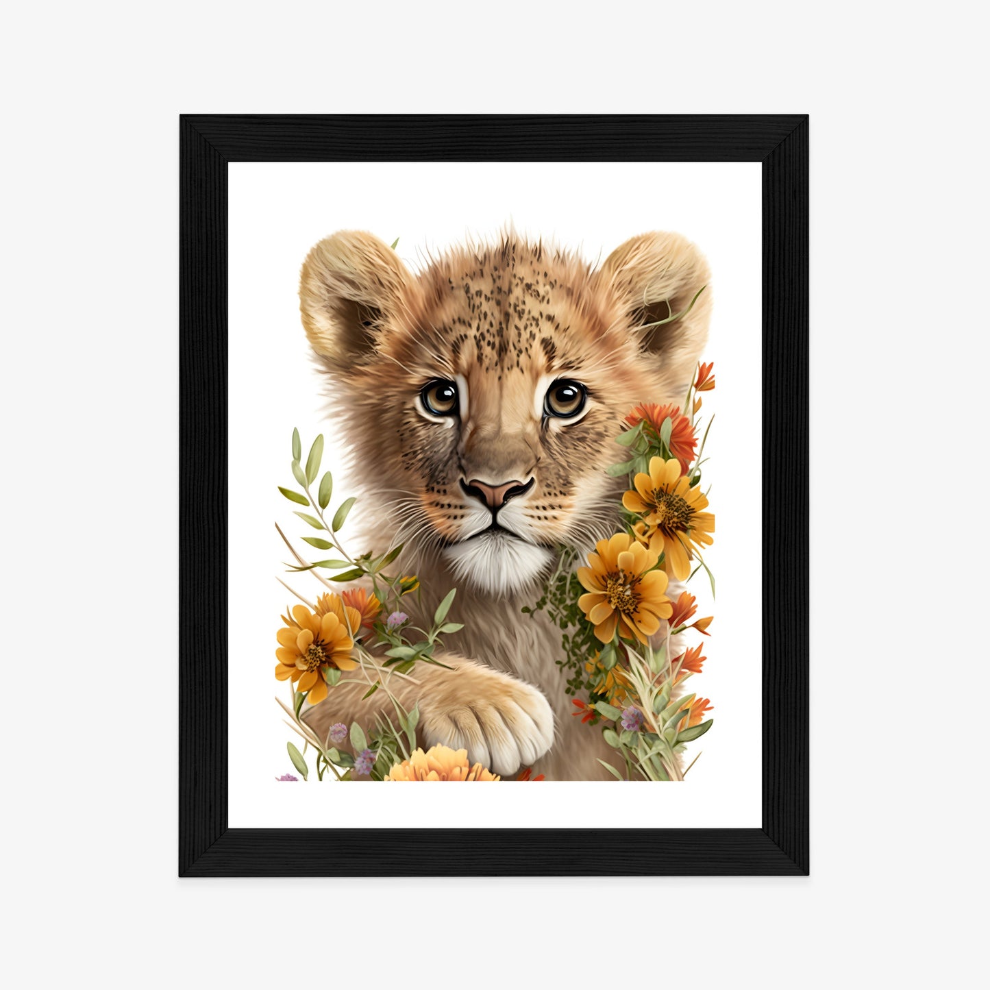 Poster Porträt Eines Löwenbabys In Blumen Rahmen Holz Mit Passepartout Farbe Natürlich