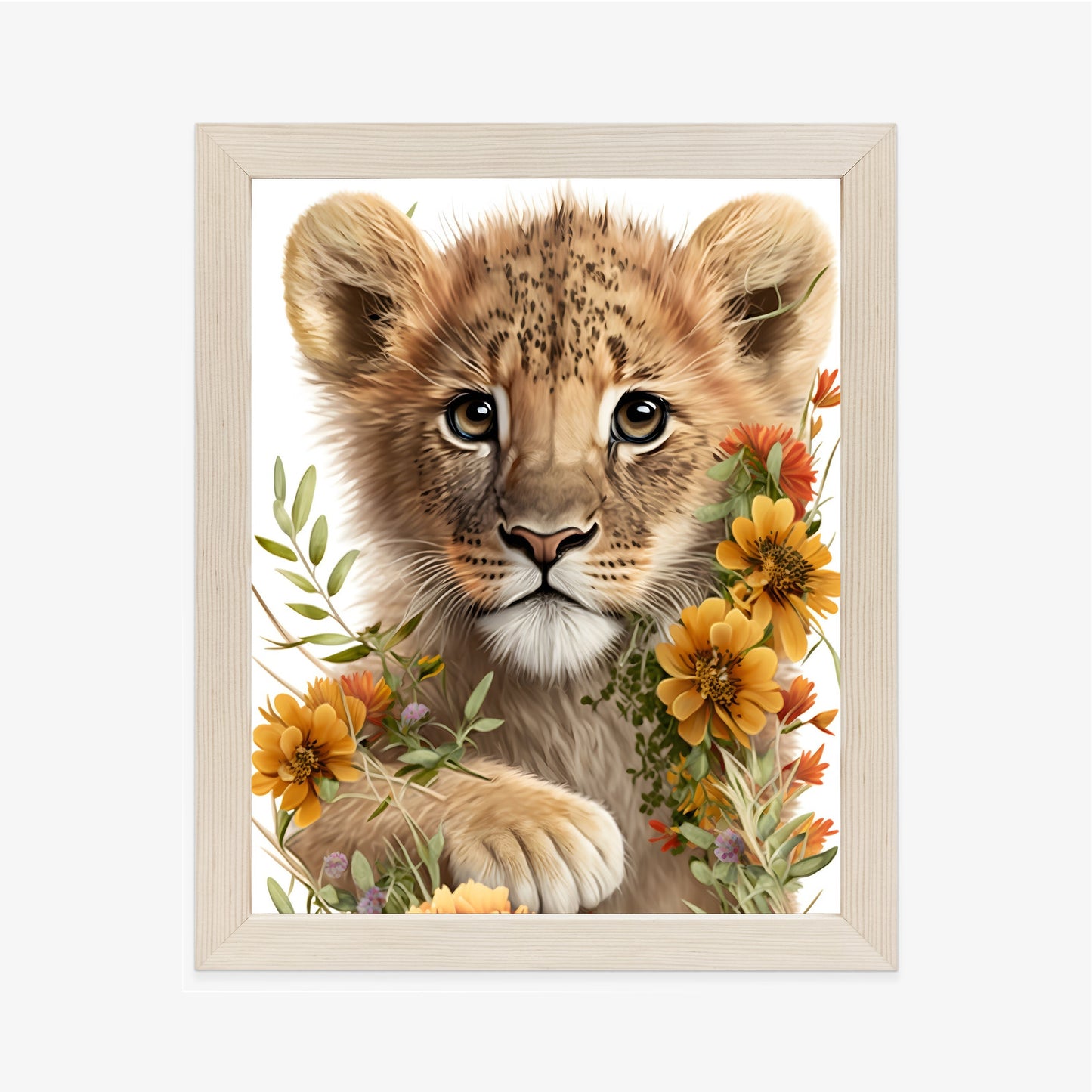 Poster Porträt Eines Löwenbabys In Blumen Rahmen Holz Mit Passepartout Farbe Natürlich