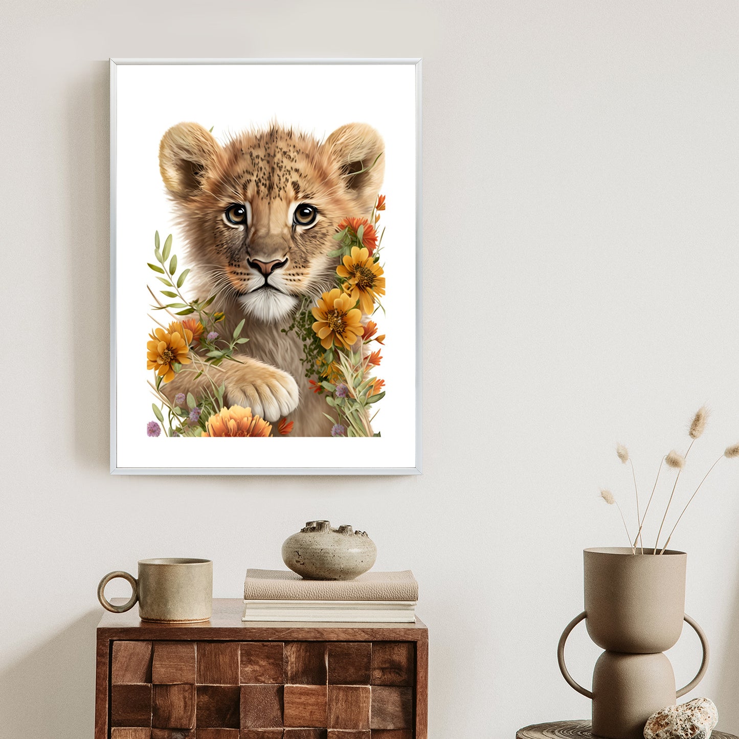 Poster Porträt Eines Löwenbabys In Blumen Rahmen Holz Mit Passepartout Farbe Natürlich