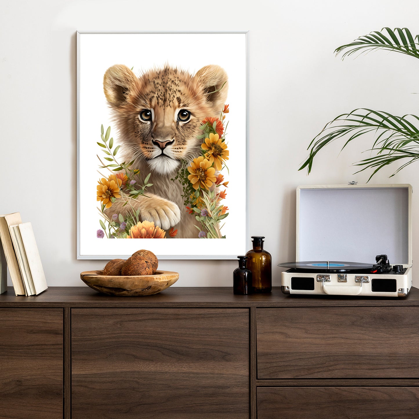 Poster Porträt Eines Löwenbabys In Blumen Rahmen Holz Mit Passepartout Farbe Natürlich