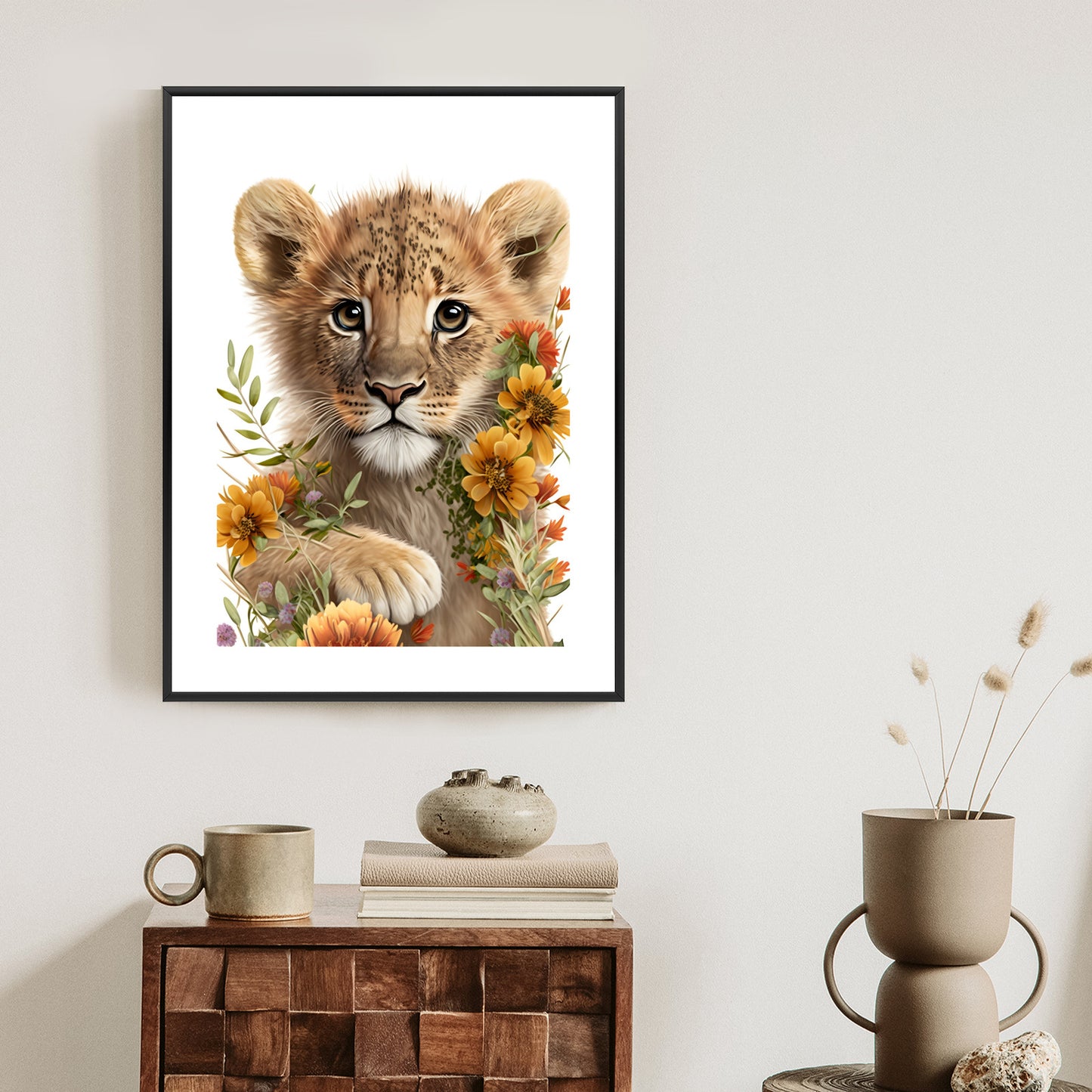 Poster Porträt Eines Löwenbabys In Blumen Rahmen Holz Mit Passepartout Farbe Natürlich