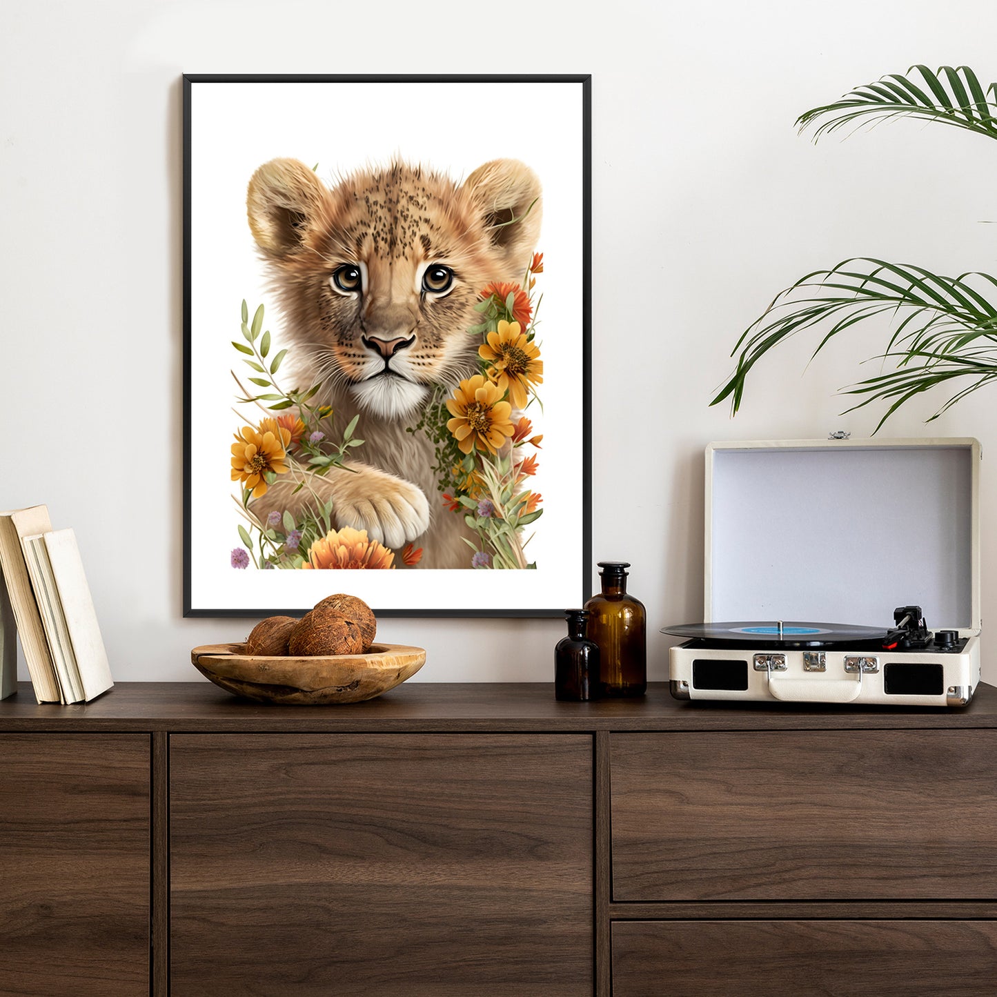 Poster Porträt Eines Löwenbabys In Blumen Rahmen Holz Mit Passepartout Farbe Natürlich