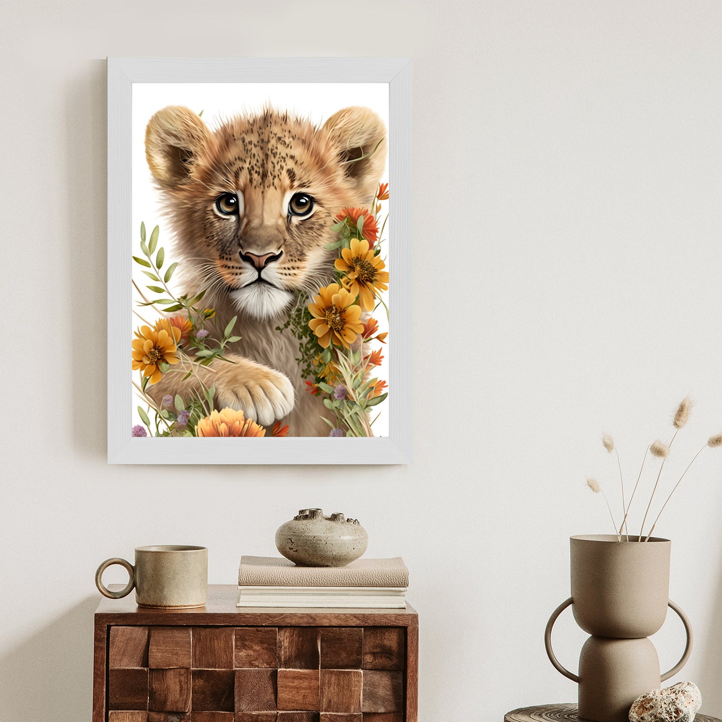 Poster Porträt Eines Löwenbabys In Blumen Rahmen Holz Mit Passepartout Farbe Natürlich