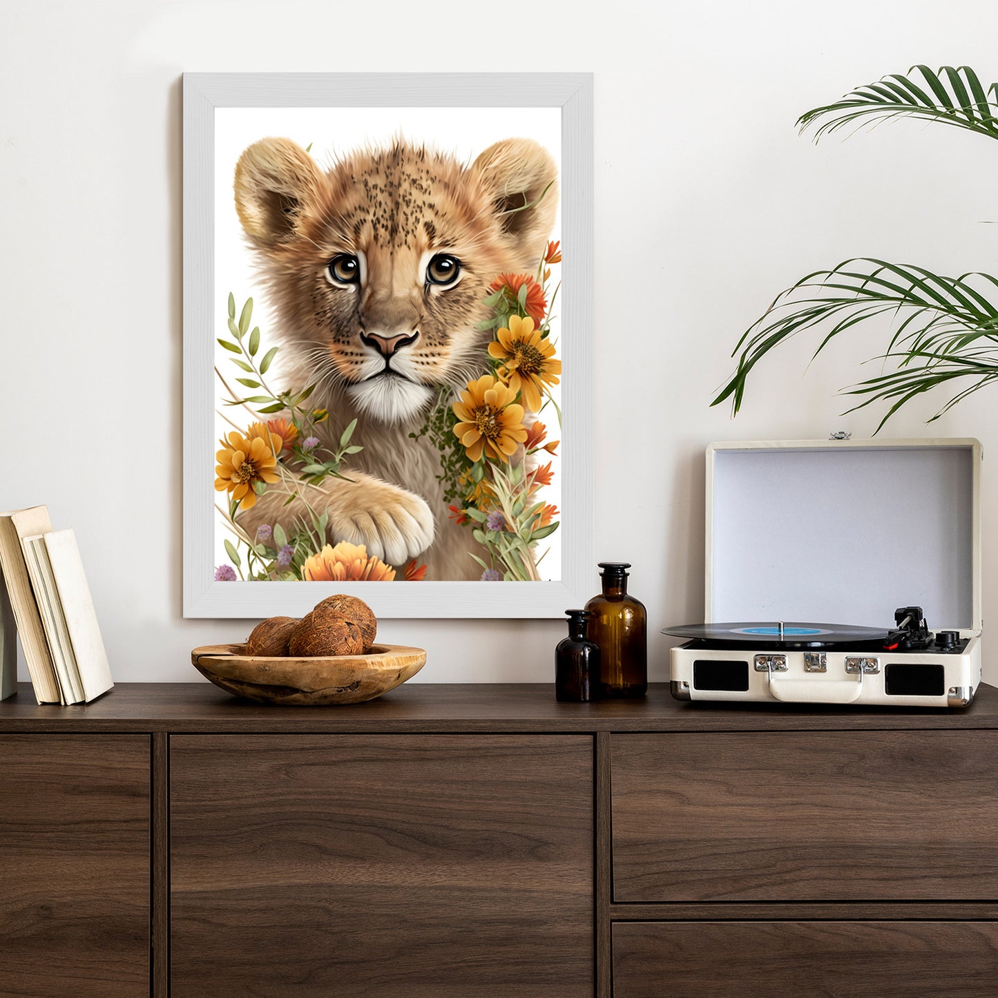 Poster Porträt Eines Löwenbabys In Blumen Rahmen Holz Mit Passepartout Farbe Natürlich