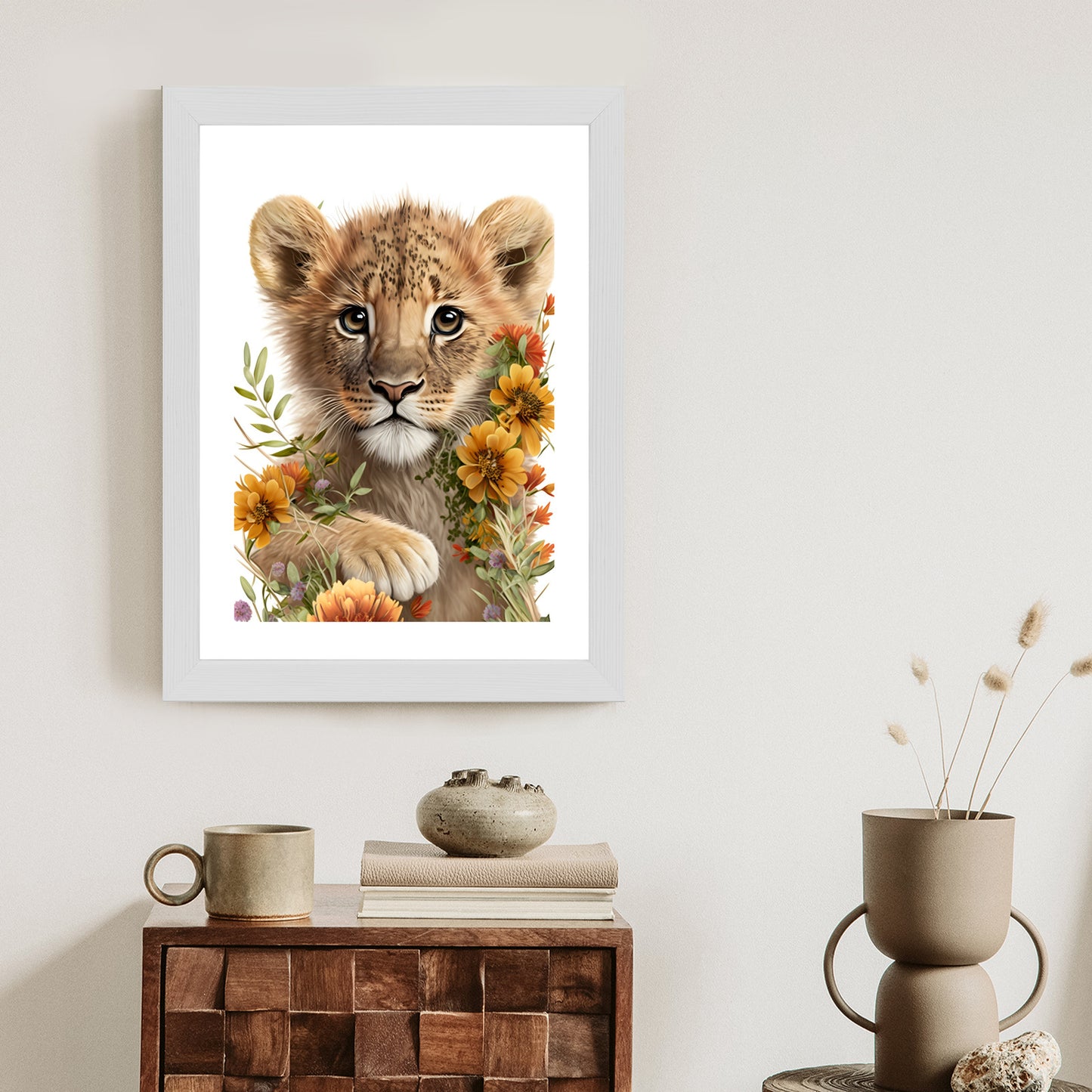 Poster Porträt Eines Löwenbabys In Blumen Rahmen Holz Mit Passepartout Farbe Natürlich