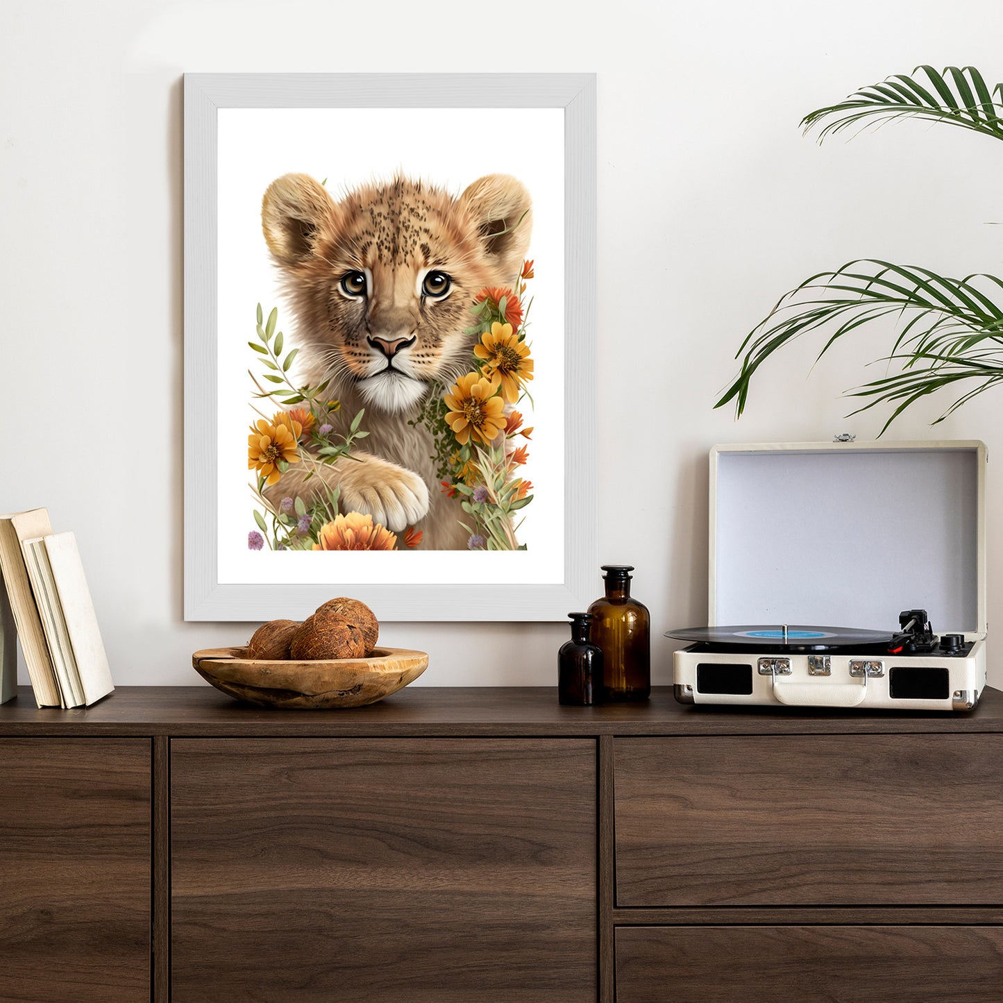 Poster Porträt Eines Löwenbabys In Blumen Rahmen Holz Mit Passepartout Farbe Natürlich