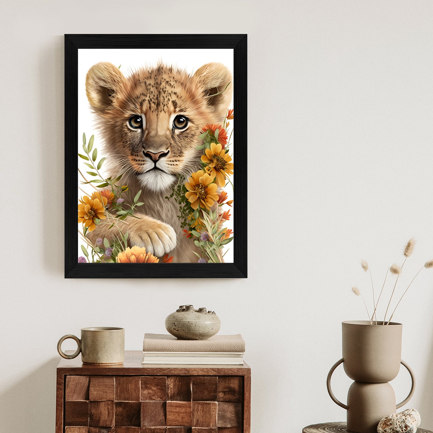 Poster Porträt Eines Löwenbabys In Blumen Rahmen Holz Mit Passepartout Farbe Natürlich