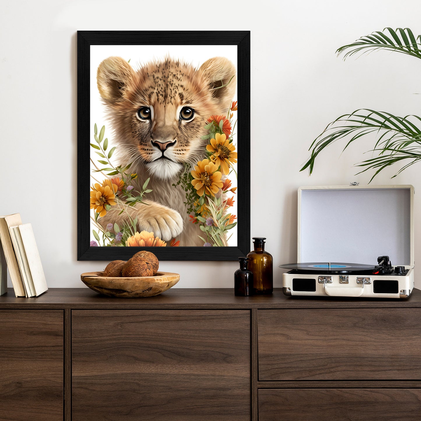 Poster Porträt Eines Löwenbabys In Blumen Rahmen Holz Mit Passepartout Farbe Natürlich