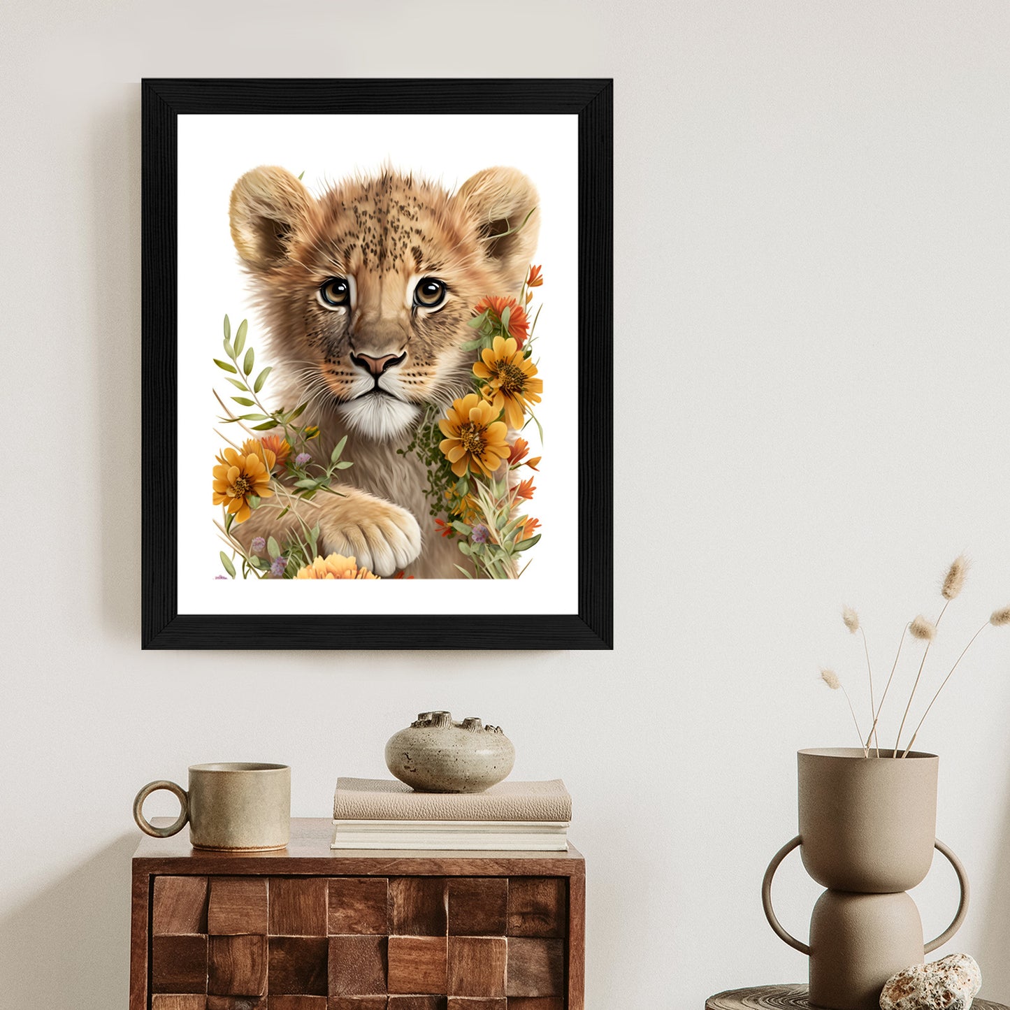 Poster Porträt Eines Löwenbabys In Blumen Rahmen Holz Mit Passepartout Farbe Natürlich