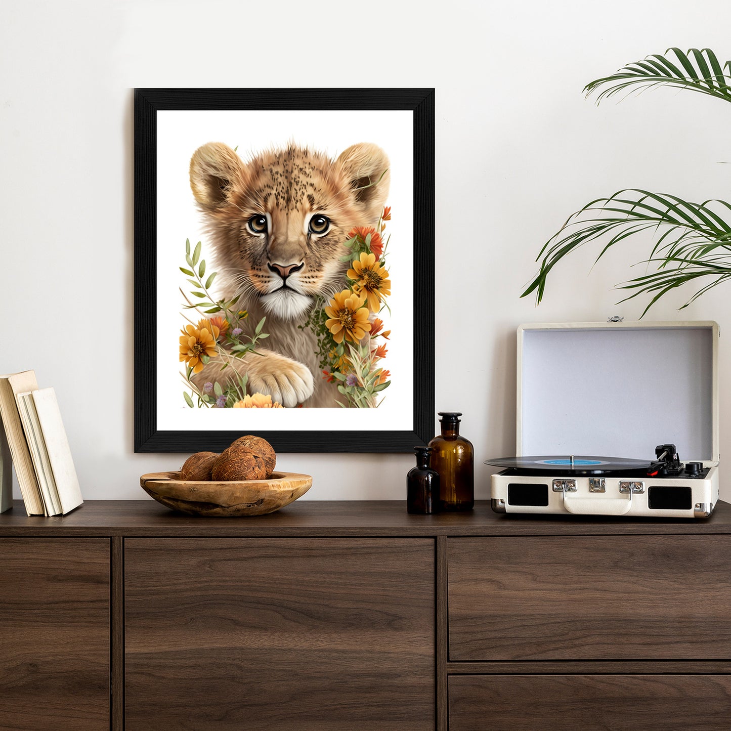 Poster Porträt Eines Löwenbabys In Blumen Rahmen Holz Mit Passepartout Farbe Natürlich