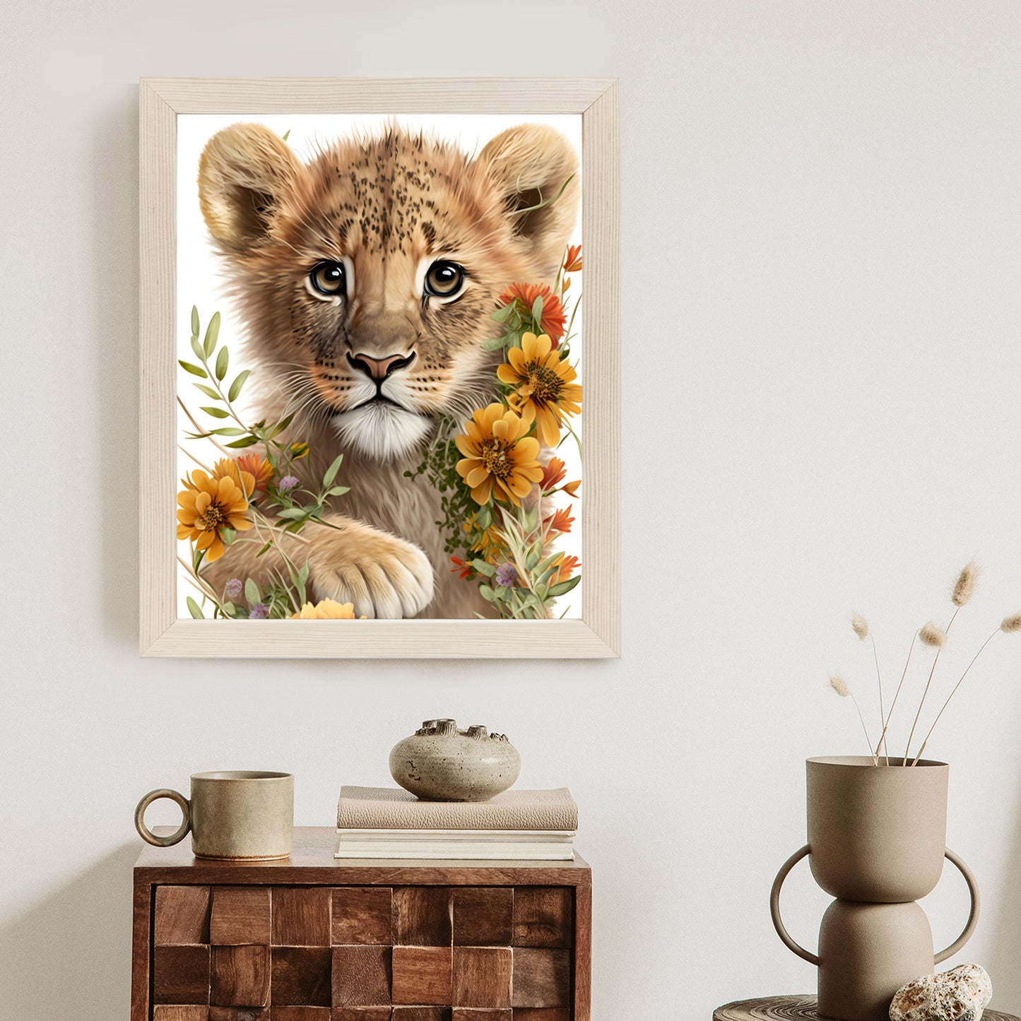Poster Porträt Eines Löwenbabys In Blumen Rahmen Holz Mit Passepartout Farbe Natürlich