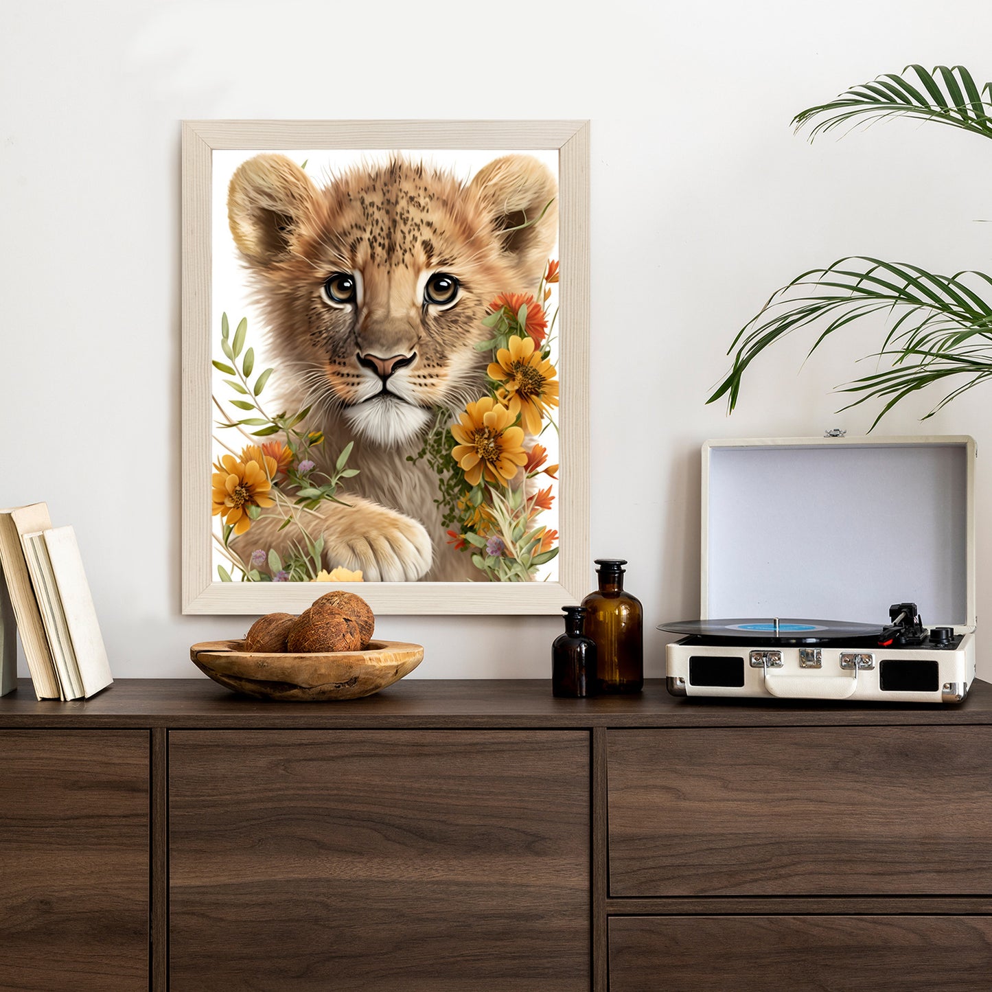 Poster Porträt Eines Löwenbabys In Blumen Rahmen Holz Mit Passepartout Farbe Natürlich