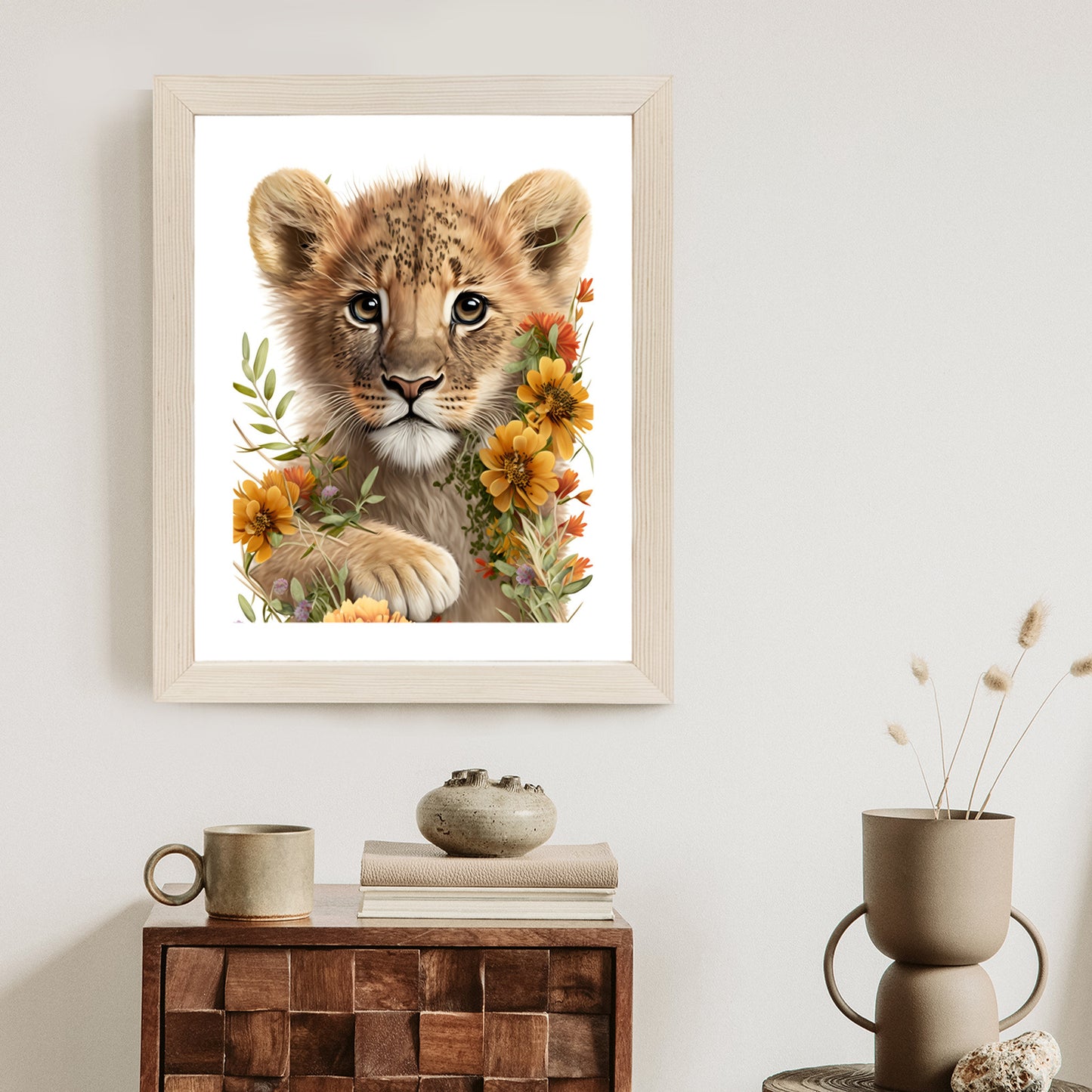 Poster Porträt Eines Löwenbabys In Blumen Rahmen Holz Mit Passepartout Farbe Natürlich