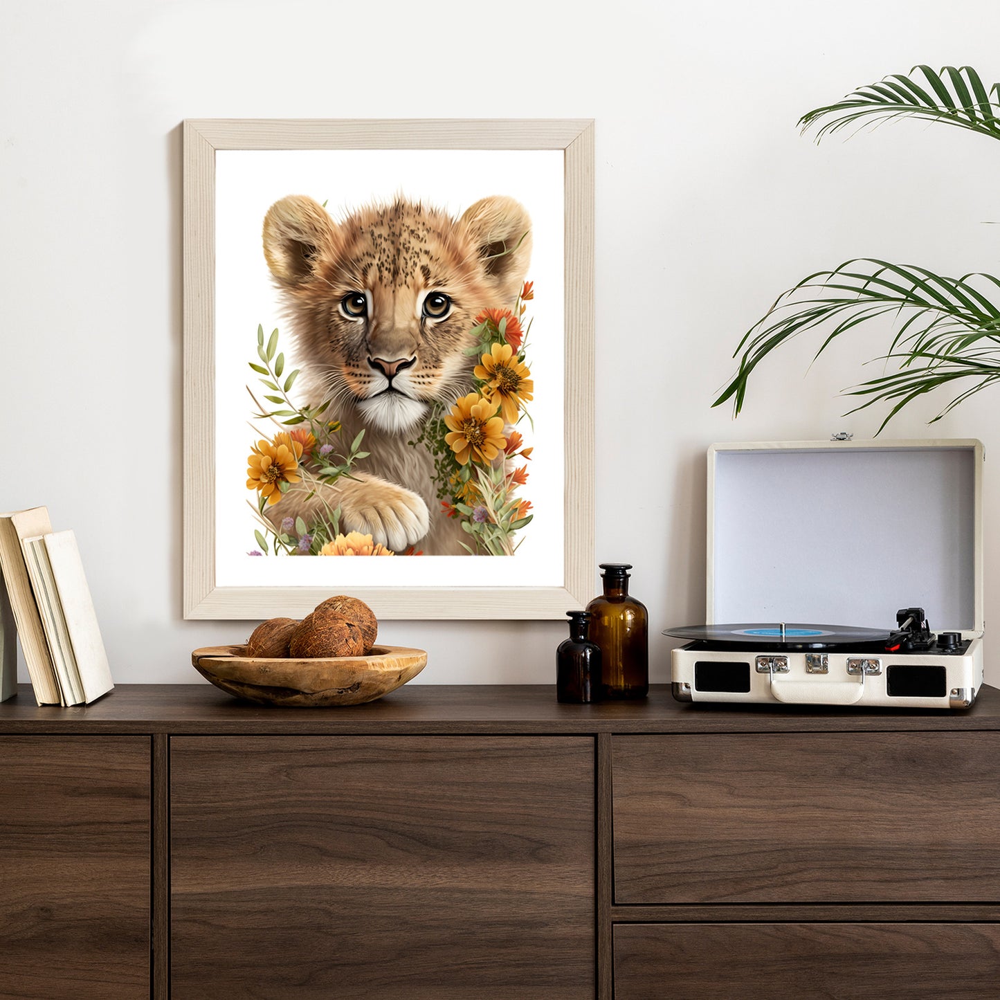 Poster Porträt Eines Löwenbabys In Blumen Rahmen Holz Mit Passepartout Farbe Natürlich