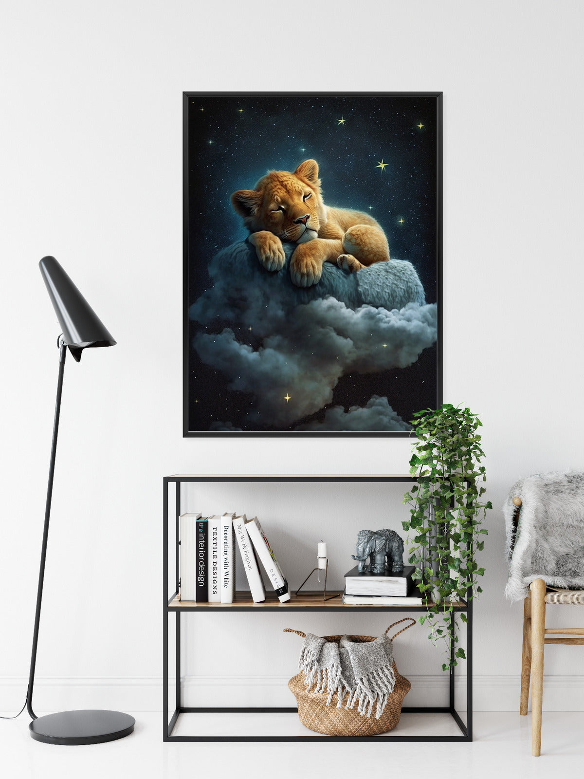 Poster Ein Löwe Schläft Auf Einer Wolke Rahmen Holz Mit Passepartout Farbe Natürlich