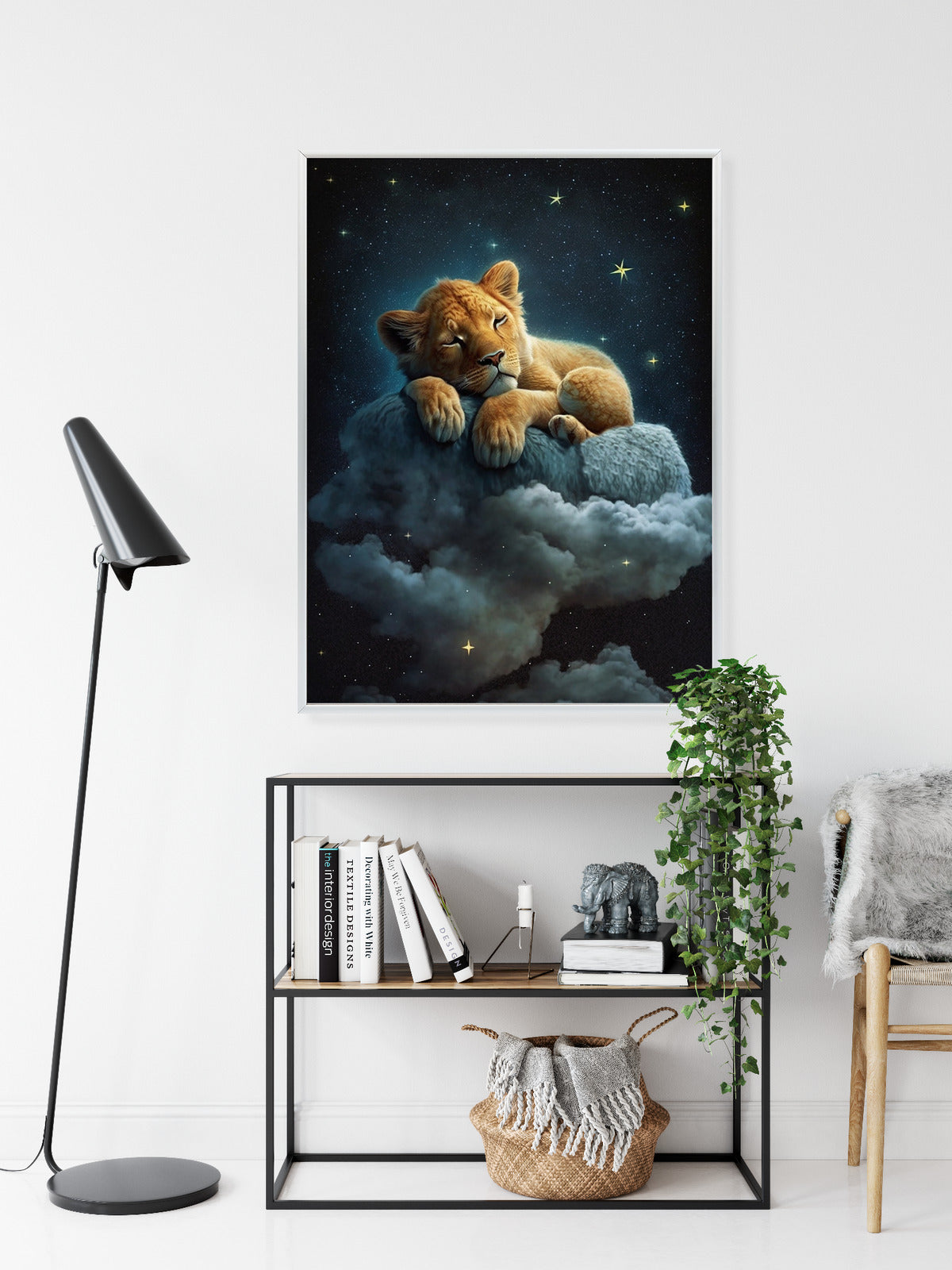 Poster Ein Löwe Schläft Auf Einer Wolke Rahmen Holz Mit Passepartout Farbe Natürlich