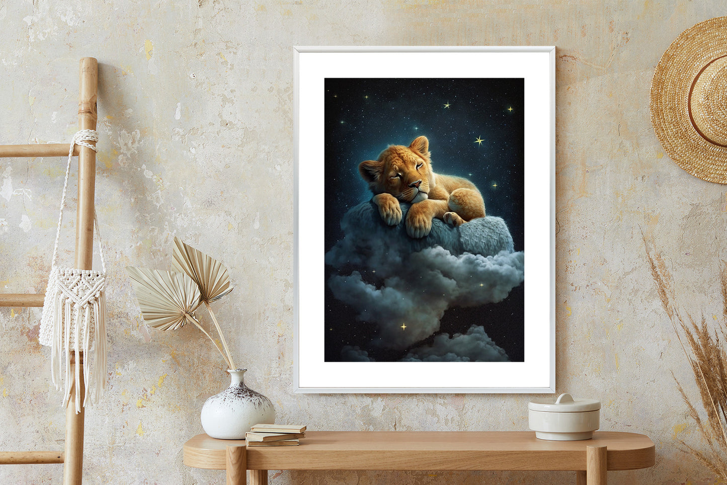 Poster Ein Löwe Schläft Auf Einer Wolke Rahmen Holz Mit Passepartout Farbe Natürlich