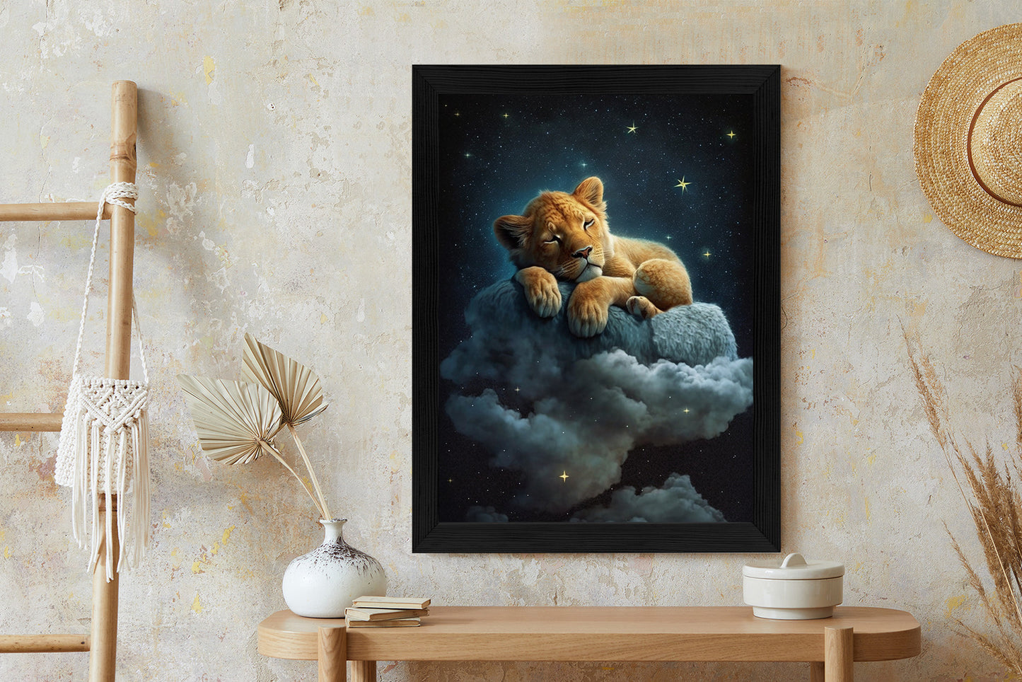 Poster Ein Löwe Schläft Auf Einer Wolke Rahmen Holz Mit Passepartout Farbe Natürlich