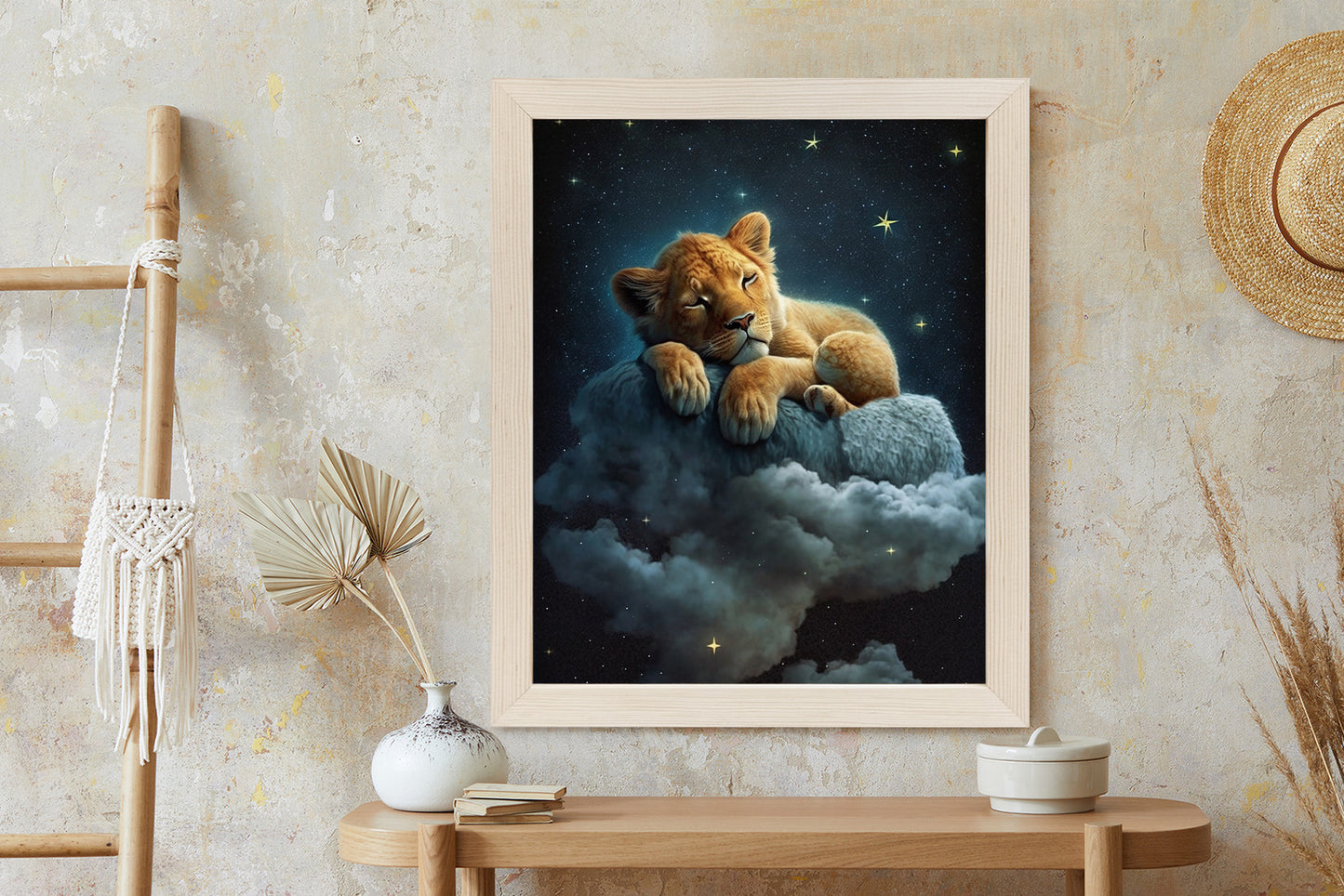 Poster Ein Löwe Schläft Auf Einer Wolke Rahmen Holz Mit Passepartout Farbe Natürlich