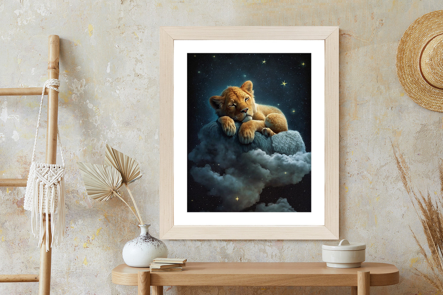 Poster Ein Löwe Schläft Auf Einer Wolke Rahmen Holz Mit Passepartout Farbe Natürlich