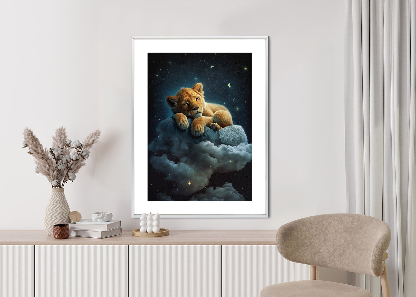 Poster Ein Löwe Schläft Auf Einer Wolke Rahmen Holz Mit Passepartout Farbe Natürlich
