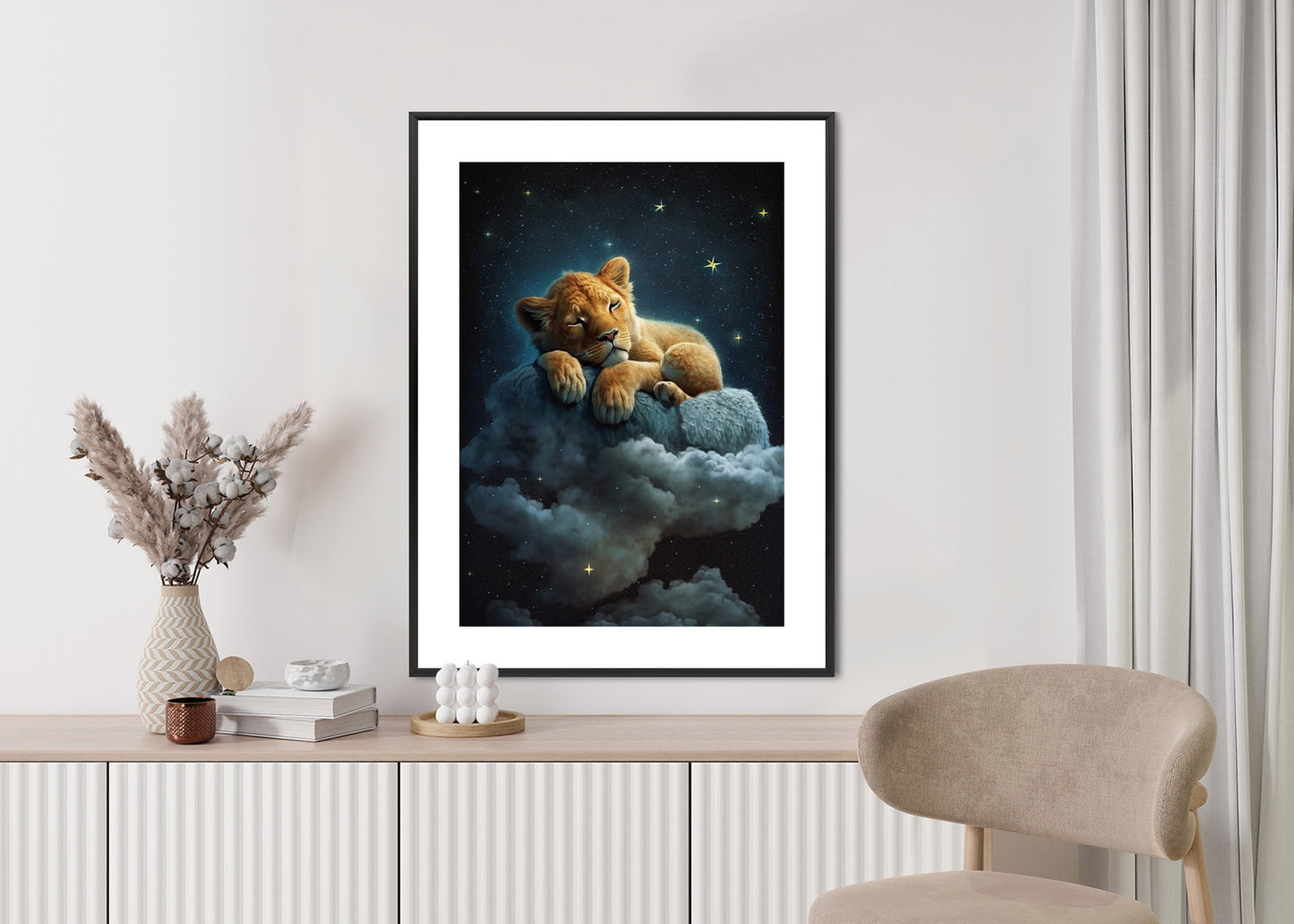 Poster Ein Löwe Schläft Auf Einer Wolke Rahmen Holz Mit Passepartout Farbe Natürlich