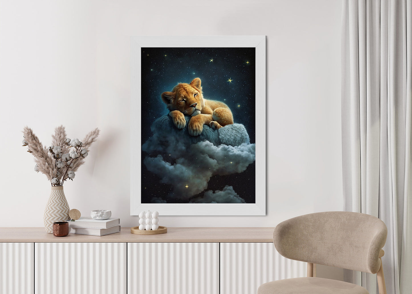 Poster Ein Löwe Schläft Auf Einer Wolke Rahmen Holz Mit Passepartout Farbe Natürlich