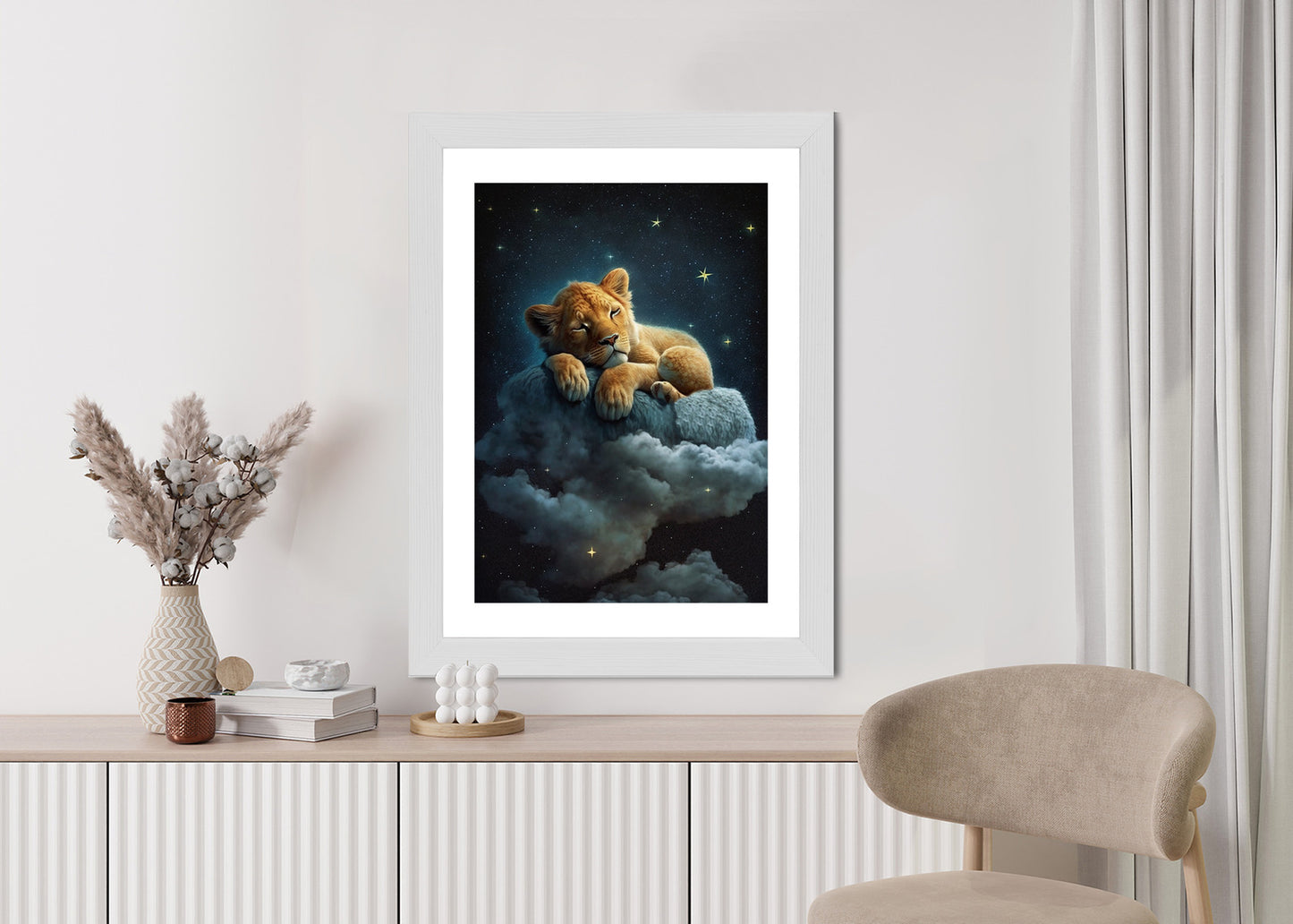 Poster Ein Löwe Schläft Auf Einer Wolke Rahmen Holz Mit Passepartout Farbe Natürlich