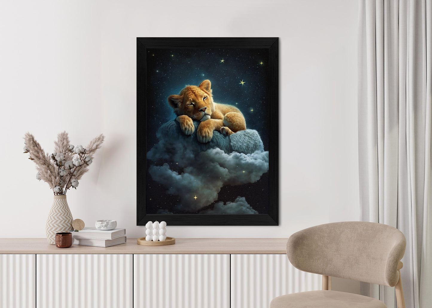 Poster Ein Löwe Schläft Auf Einer Wolke Rahmen Holz Mit Passepartout Farbe Natürlich