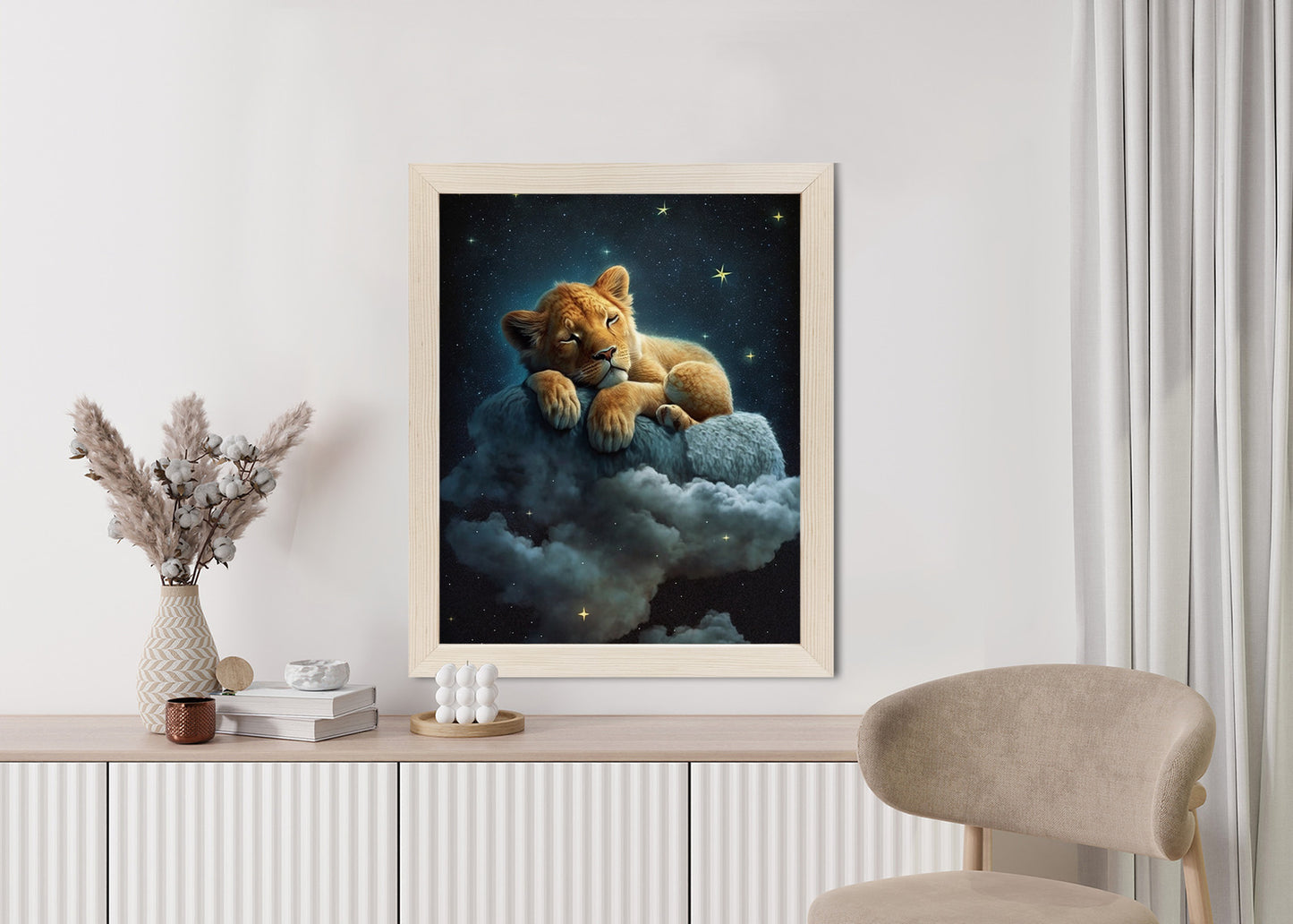Poster Ein Löwe Schläft Auf Einer Wolke Rahmen Holz Mit Passepartout Farbe Natürlich