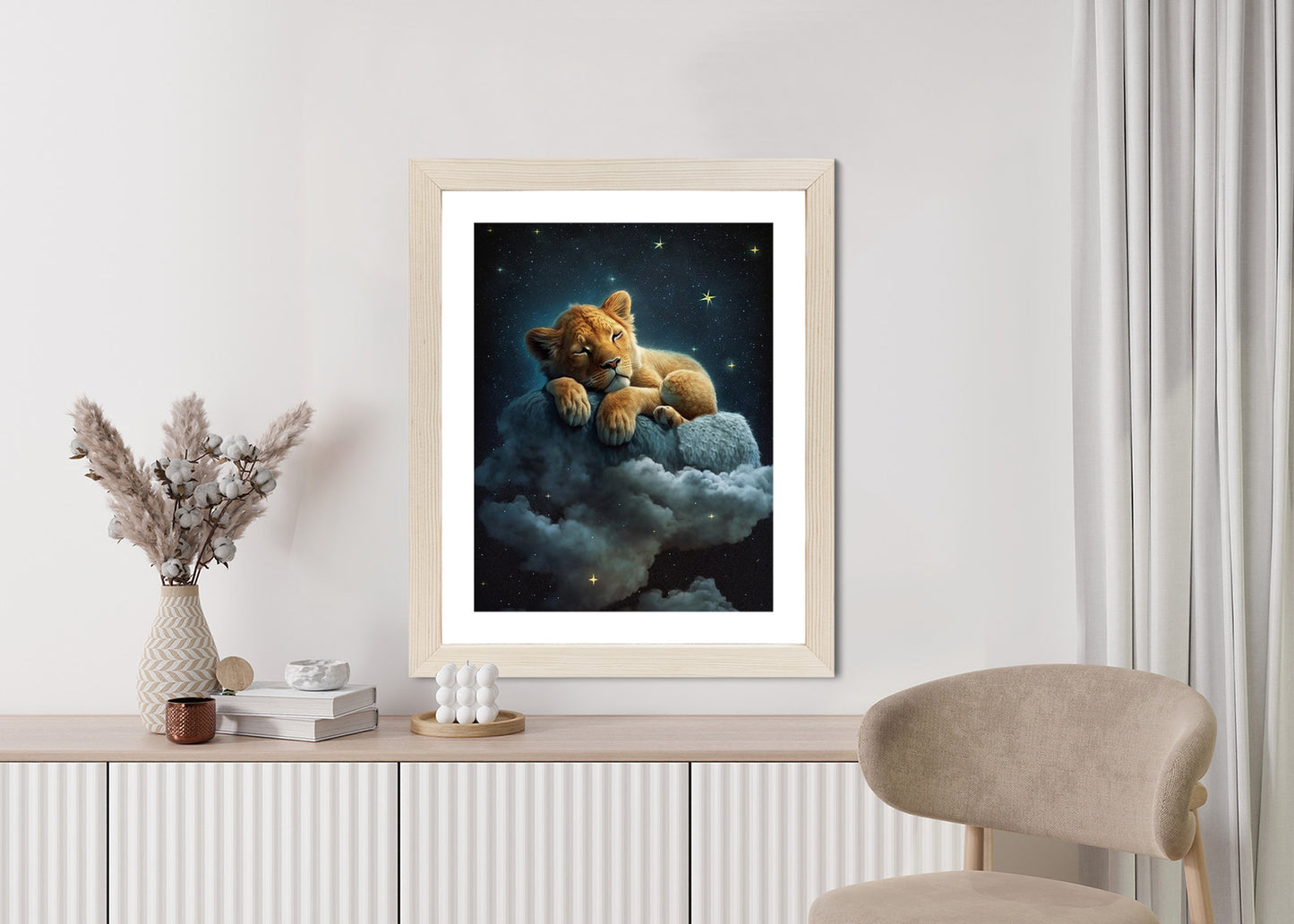 Poster Ein Löwe Schläft Auf Einer Wolke Rahmen Holz Mit Passepartout Farbe Natürlich