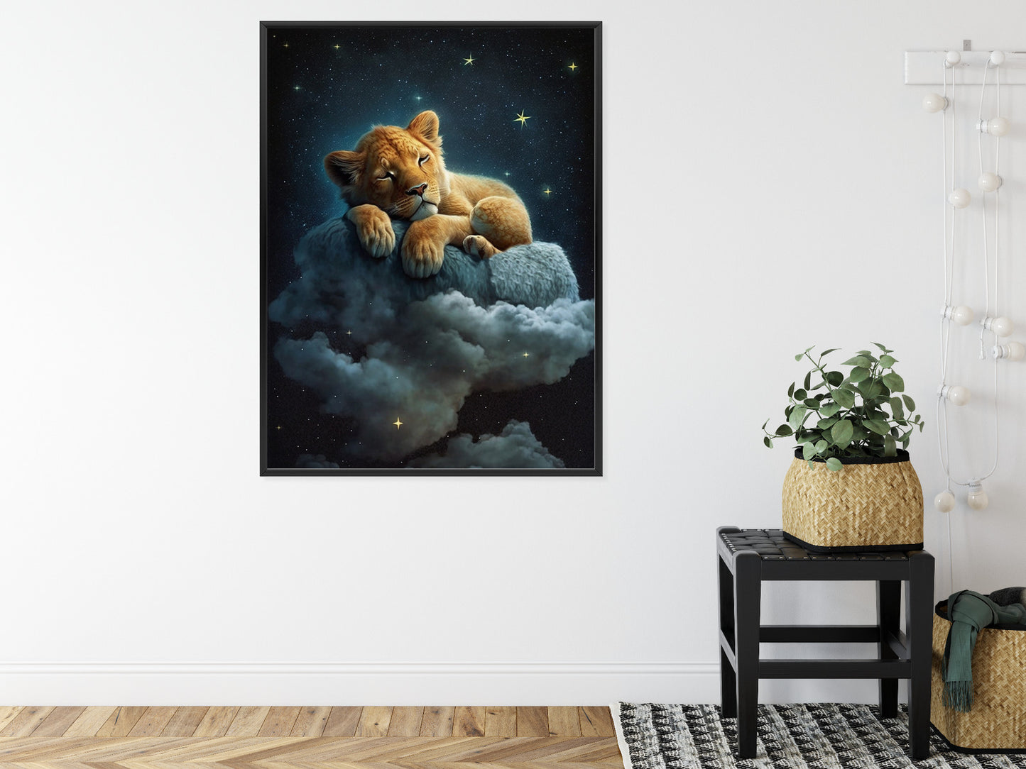 Poster Ein Löwe Schläft Auf Einer Wolke Rahmen Holz Mit Passepartout Farbe Natürlich
