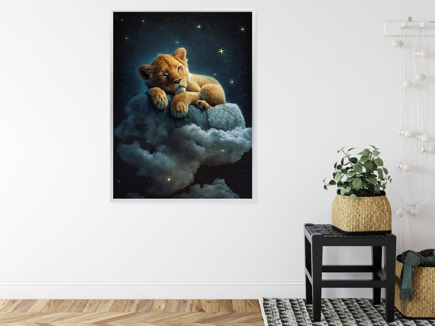 Poster Ein Löwe Schläft Auf Einer Wolke Rahmen Holz Mit Passepartout Farbe Natürlich