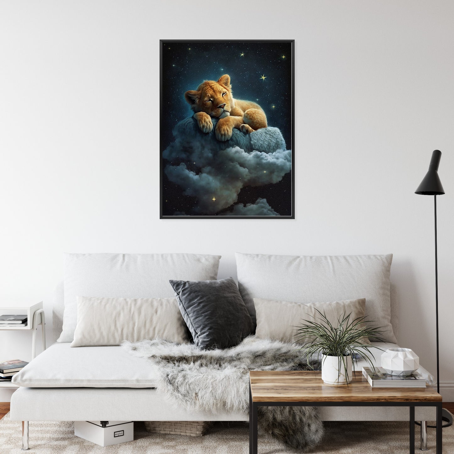 Poster Ein Löwe Schläft Auf Einer Wolke Rahmen Holz Mit Passepartout Farbe Natürlich
