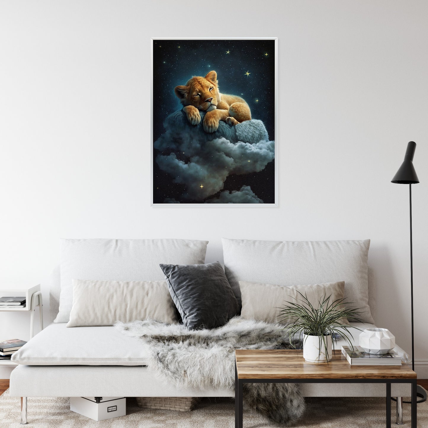 Poster Ein Löwe Schläft Auf Einer Wolke Rahmen Holz Mit Passepartout Farbe Natürlich