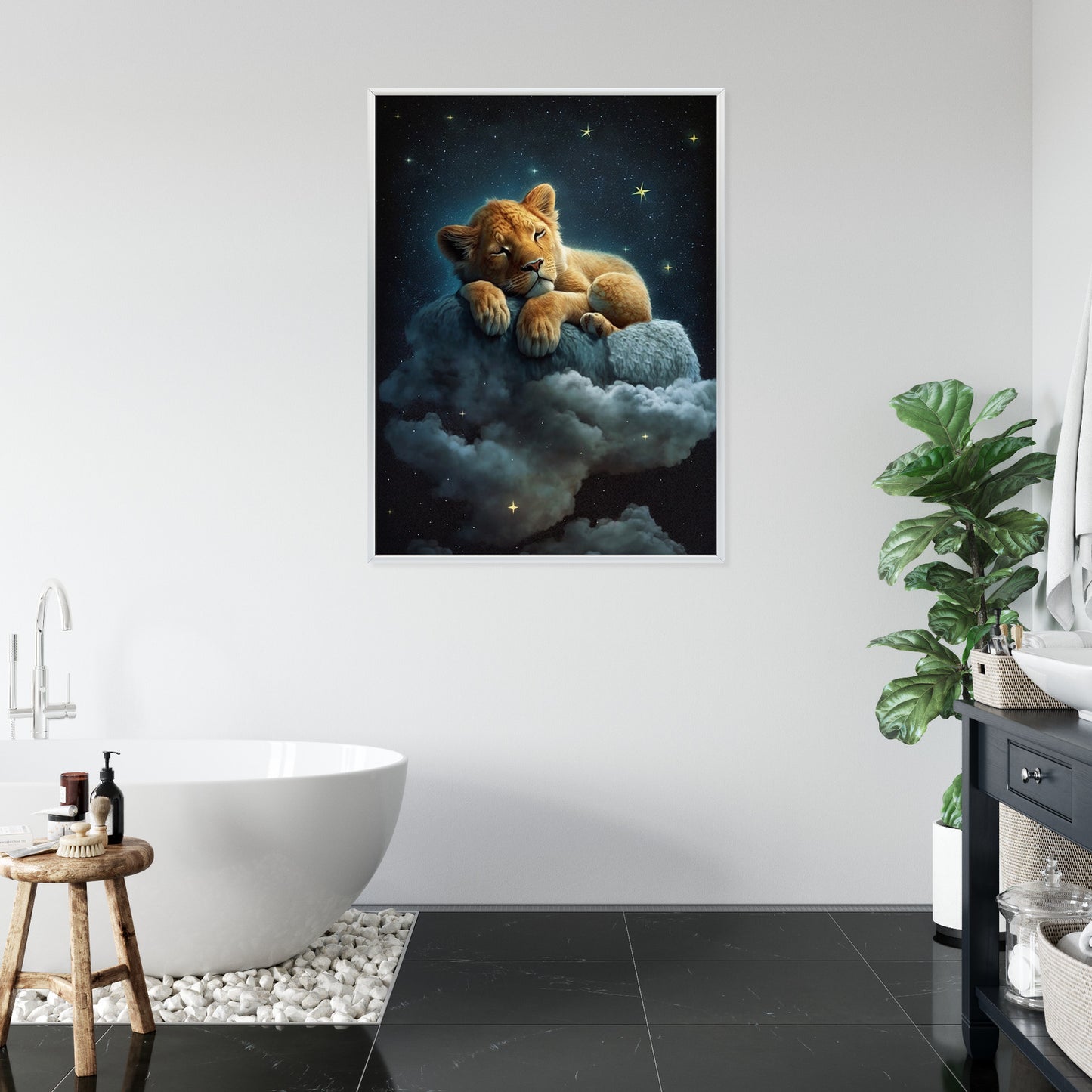 Poster Ein Löwe Schläft Auf Einer Wolke Rahmen Holz Mit Passepartout Farbe Natürlich
